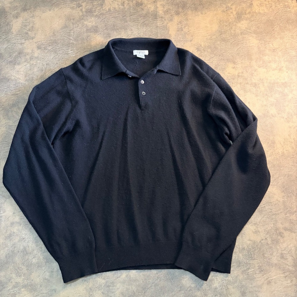 Barneys New York Polo Sweater Mens Large Black 100% Cashmere Long Sleeve Knit